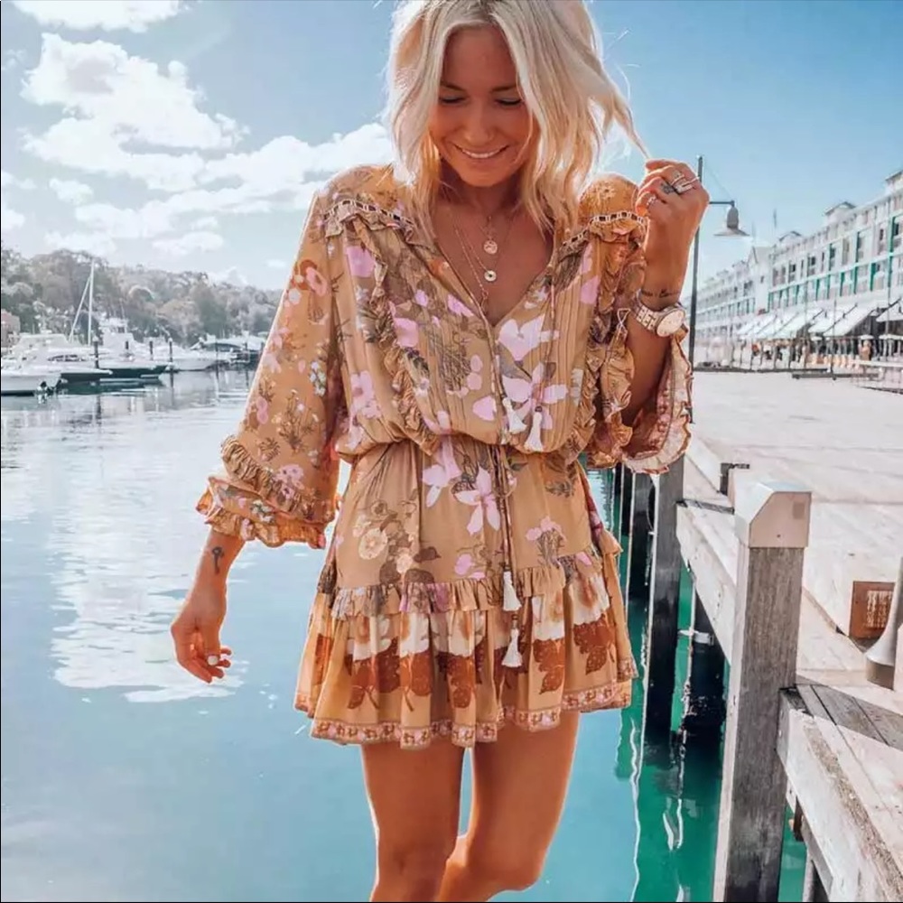 Long Sleeve Ruffle Boho Floral Gypsy Print Dress - Picture 10 of 11